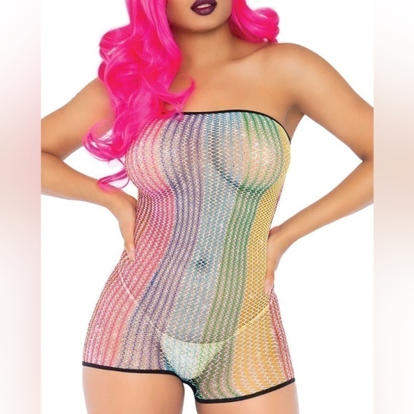 RAINBOW Fishnet Rainbow Strapless Romper - Picture 2 of 4